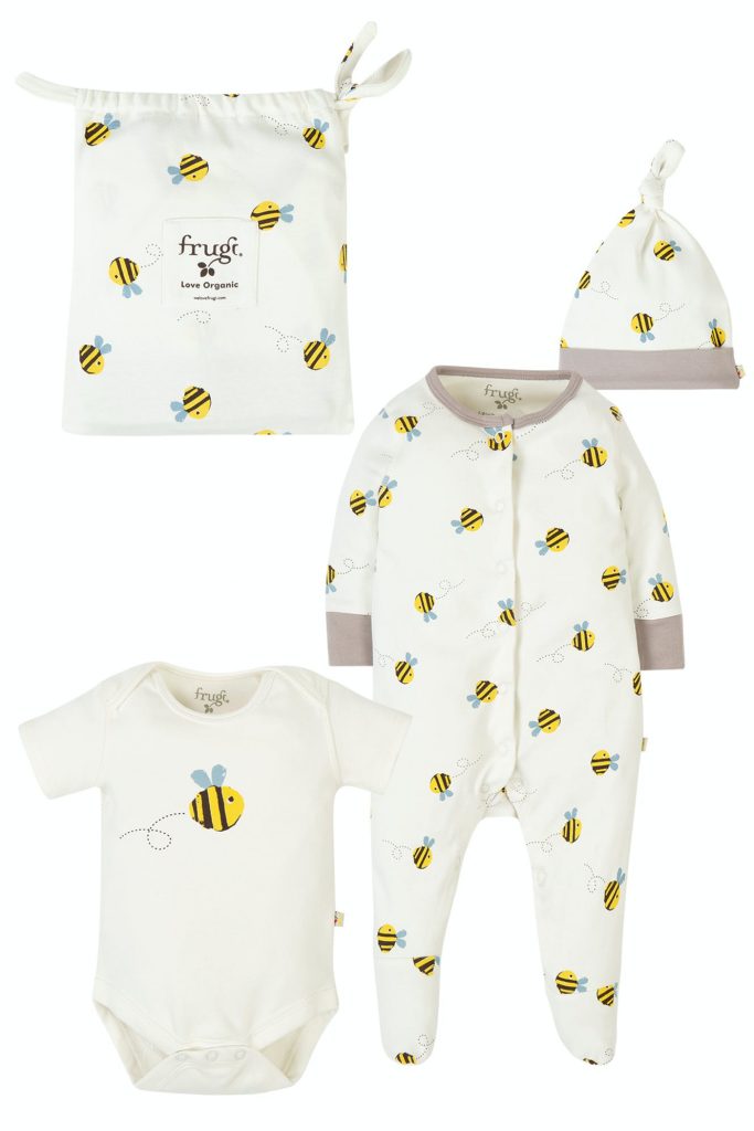 a picture of sustainable ethical bumble bee baby grow gift set